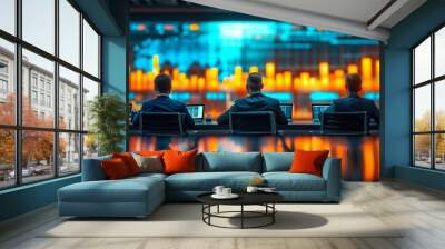 A professional marketing team analyzes strategies and data during a conference in a modern office. Wall mural