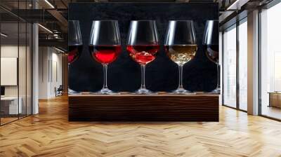 A row of elegant wine glasses showcasing a variety of red and white wines, set on a wooden table. Wall mural