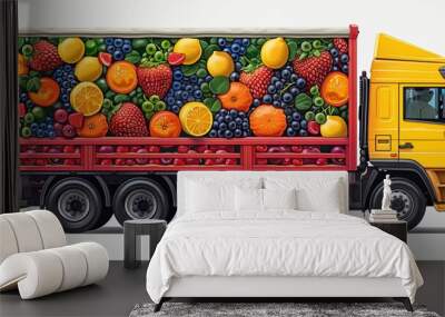 A shipment lorry transports a diverse mix of fresh produce, ensuring delivery of nutritious goods. Wall mural