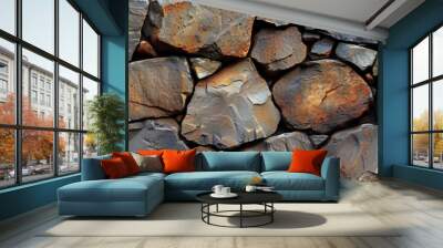 A textured pattern of old and weathered stones on a wall, showcasing a rugged and vintage aesthetic. Wall mural