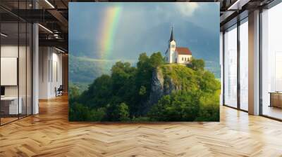 A white church with a rainbow in the background Wall mural