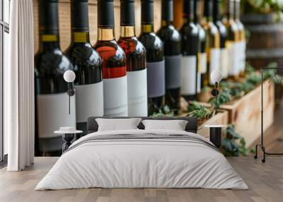 A wooden storage box showcasing a collection of wine bottles in a restaurant setting. Wall mural