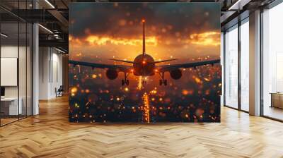 Against the backdrop of a sunset sky, a commercial airplane soars, epitomizing modern air transportation. Wall mural