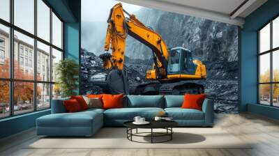 Amidst the industrial site, yellow machinery digs and moves earth, supported by powerful hydraulic systems. Wall mural