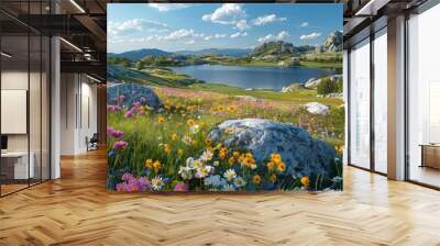 An awe-inspiring alpine landscape with a serene lake, majestic mountains, and colorful wildflowers in bloom. Wall mural