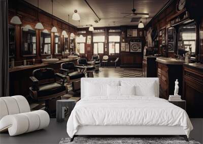 An old-fashioned barbershop with a checkered floor and a gold-framed mirror. The shop has four black leather barber chairs and a wooden counter. Wall mural