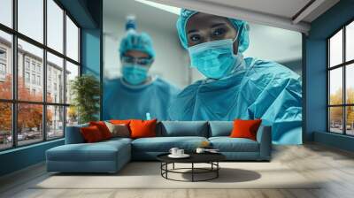 Black female surgeon and assistant in a hospital operating room, demonstrating skilled teamwork. Wall mural