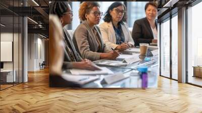 Business professionals having a meeting in an office, discussing teamwork and collaboration. Wall mural