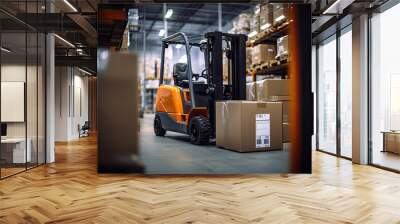 Busy industrial warehouse with forklifts, trucks, and workers efficiently managing transportation, distribution, and storage operations. Wall mural