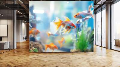 Colorful underwater world in an aquarium with vibrant fish, plants, and a dynamic background. Wall mural