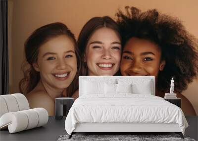 Diverse friends smiling, showcasing wellness cosmetics skincare, laughing and bonding cheerfully together. Wall mural