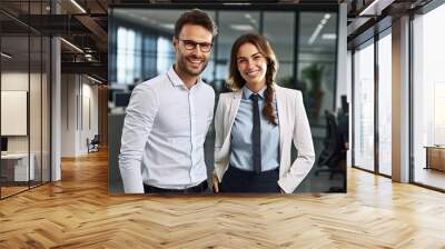 Executives, Businesswomen, and Businessmen Form a Harmonious Team in the Office, Radiating Success Through Their Confident Smiles and Expert Collaboration Wall mural