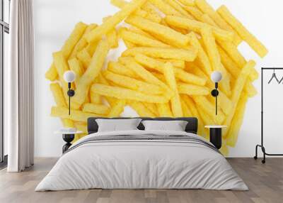 French fries on a white background, fatty fast food. Wall mural