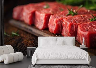 Fresh beef preparation: Raw fillet seasoned with rosemary, salt, and pepper on a wooden board, ready for cooking. Wall mural