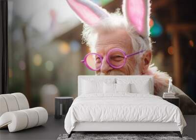 Happy senior man with bunny ears celebrates Easter with colorful face paint and festive costume. Wall mural