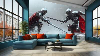 In a medieval tournament, knights fight with swords and shields, embodying historical chivalry and courage. Wall mural