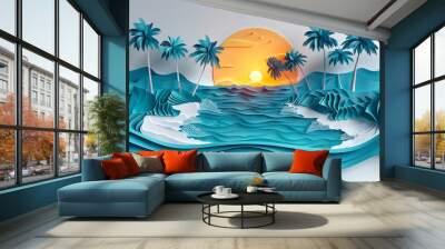 In a paper craft seascape, palm trees line the coastline, bathed in the warm glow of the setting sun. Wall mural