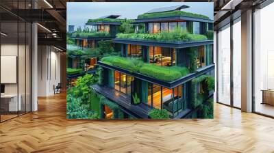 In futuristic condominiums, vertical gardening adorns eco-friendly exteriors, blending urban living with nature. Wall mural