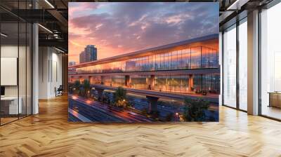 In the contemporary cityscape, modern glass building gleams at sunset. Wall mural