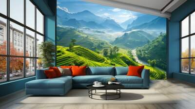 In the scenic landscapes, terrace farming adorns hillsides, blending nature and agriculture harmoniously. Wall mural