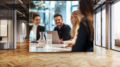 In the workplace, businesspeople come together for a collaborative meeting, discussing ideas and planning strategies. Wall mural