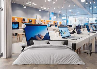 Modern computer store showcasing a variety of computer products, including laptops, desktops, and tablets. Wall mural