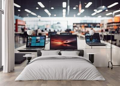 Modern retail store interior with a variety of gadgets, laptops, and computers on counter for purchase. Wall mural