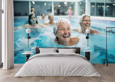 Seniors gather for aqua fitness in an pool, promoting health, wellness, and relaxation in retirement. Wall mural