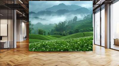 The serene beauty of a misty morning over lush green hills in rural Asia's tea plantations. Wall mural