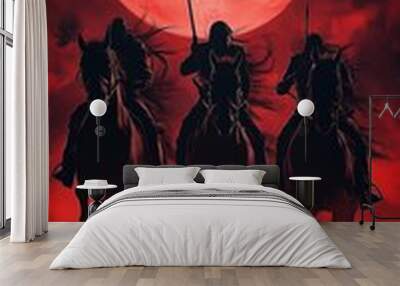 Three men riding horses in front of a red moon. Scene is dark and mysterious Wall mural