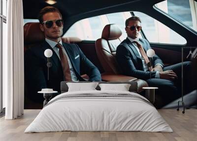 Two confident businessmen in a modern car, one in the driver's seat, the other in the back, working on a laptop during a journey. Wall mural