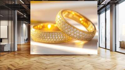 Two gold rings with diamonds on them are on a table. The rings are placed next to each other and are shining in the sunlight Wall mural