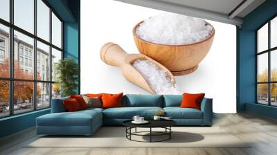 Sea salt crystals in a wooden bowl isolated on white Wall mural