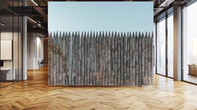 Palisade of vertical logs, a fence of wooden bars installed against enemies for mediaeval fortress. Control. Stop. Area Wall mural