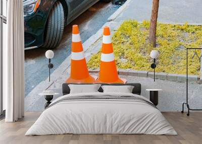 Two orange traffic cones with white stripes stands on a sidewalk near tree and ground. Security. Pavement. Protection. Safety. City. Urban. Outdoor Wall mural