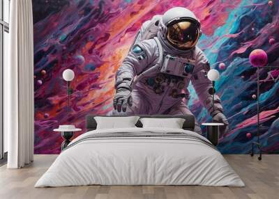 an astronaut is floating in a colorful, swirling galaxy. The background consists of pink, purple, orange, and blue colors. There are also small, round planets in the background. The astronaut is weari Wall mural