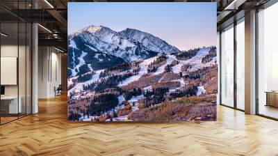 Aerial high angle view of ski resort town city of Aspen, Colorado after winter snow on Buttermilk mountain slopes with valley in autumn fall Wall mural