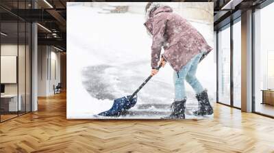 Back, side of young woman, female in winter coat cleaning, shoveling driveway, street from snow in heavy snowing snowstorm, holding shovel, residential houses Wall mural