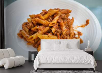 Closeup of fresh red tomato sauce marinara and ground lamb or beef hamburger meat bolognaise with penne pasta noodles on white plate background Wall mural