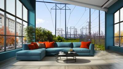 Industrial electric electricity power line grid pylons towers with cable wire wiring in Tampa, Florida Wall mural