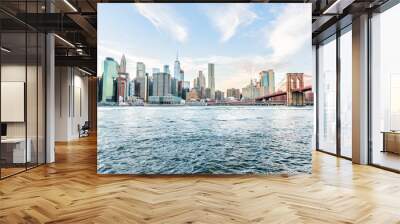 Outdoors view on NYC New York City Brooklyn Bridge Park by east river, cityscape skyline at day sunset, skyscrapers, buildings Wall mural