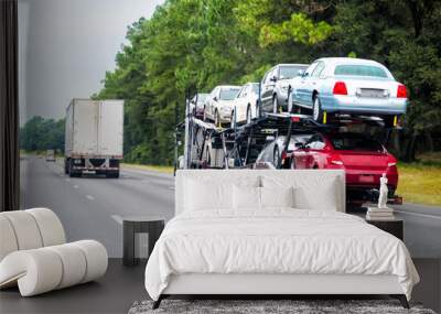 Truck trailer hauler transportation, commercial transport hauling brand new cars for auto dealership on Florida highway road Wall mural