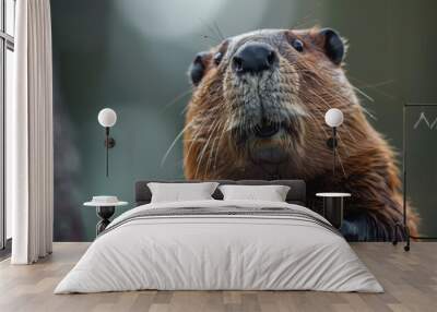 Close-up of a beaver's curious face with water droplets on fur Wall mural