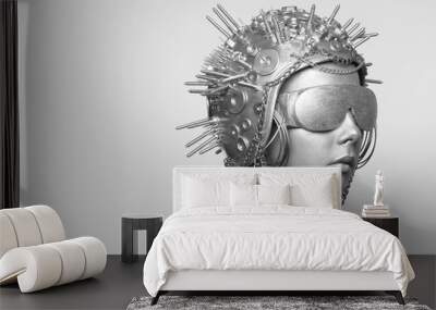 Futuristic woman in metal helmet and glasses Wall mural