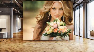 Portrait of beautiful luxury bride with roses wedding bouquet outdoors. Young woman with professional make up and hair style. Wedding day. Marriage. Wall mural