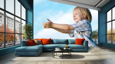 The little boy with stretched hands to sky Wall mural