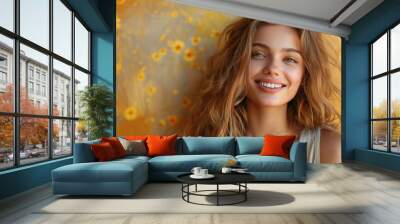 A beautiful young woman with a radiant smile, standing in front of a wall decorated with yellow flowers, exemplifying beauty and a cheerful disposition. Wall mural