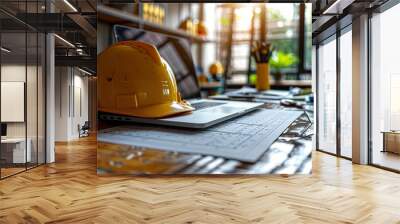 Construction Helmet on Laptop in Architectural Office Setting Wall mural