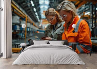 Two engineers in industrial clothing and safety glasses analyzing data on tablets in a modern manufacturing plant, surrounded by machinery and equipment. Wall mural