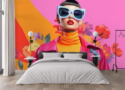 Beautiful young woman in sunglasses and bright clothes. Wall mural